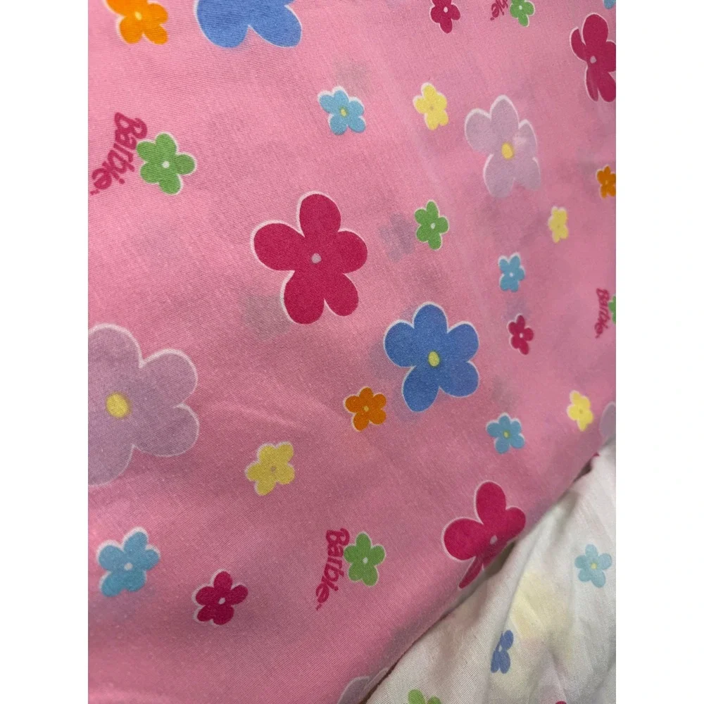 Vintage 1999 Barbie Bed Sheet Set Floral Character Print Pink White Mattel 90s